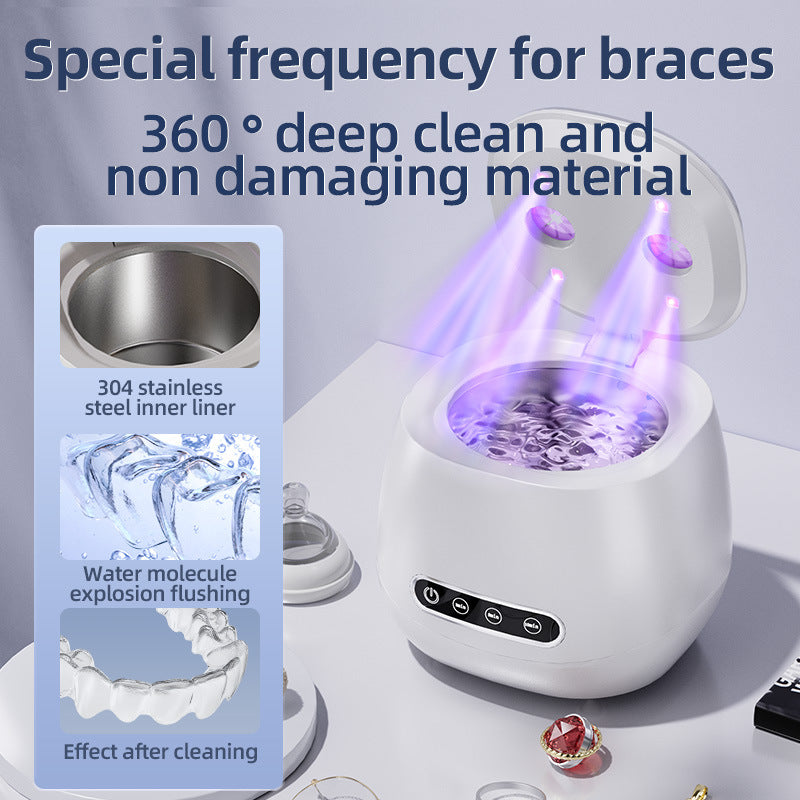 White dental cleaning device with text about special frequency for braces and deep cleaning.