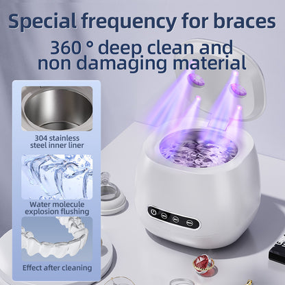 White dental cleaning device with text about special frequency for braces and deep cleaning.
