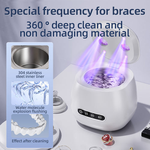White dental cleaning device with text about special frequency for braces and deep cleaning.